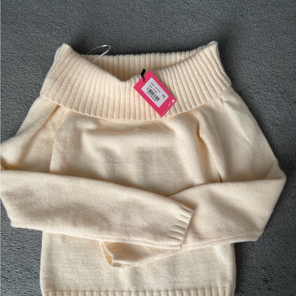 Edikted Cream Off-Shoulder Ribbed-Neck Sweater